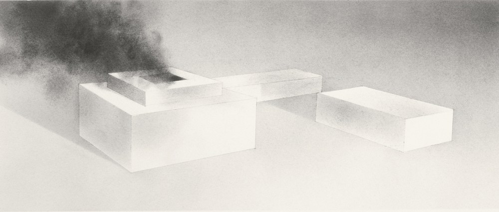 埃德·鲁沙，《着火的博物馆#2》（Museum on Fire [#2]），1968，纸上石墨和铅笔，8 × 14 1/2". © Ed Ruscha.