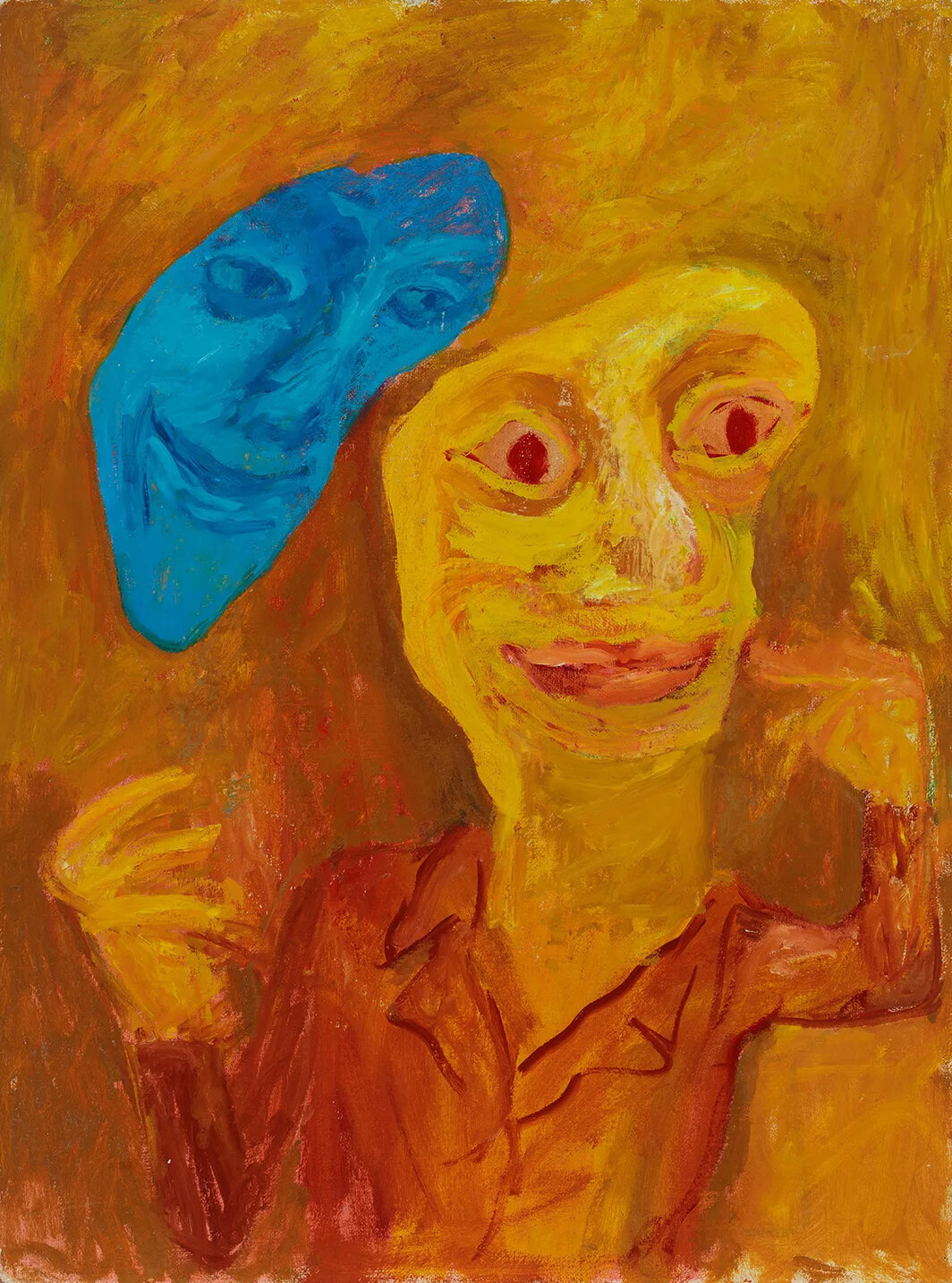 肯·基夫，《人与蓝色面具》（Man and Blue Mask），约1975，木板油画，31 7⁄8 × 24″.