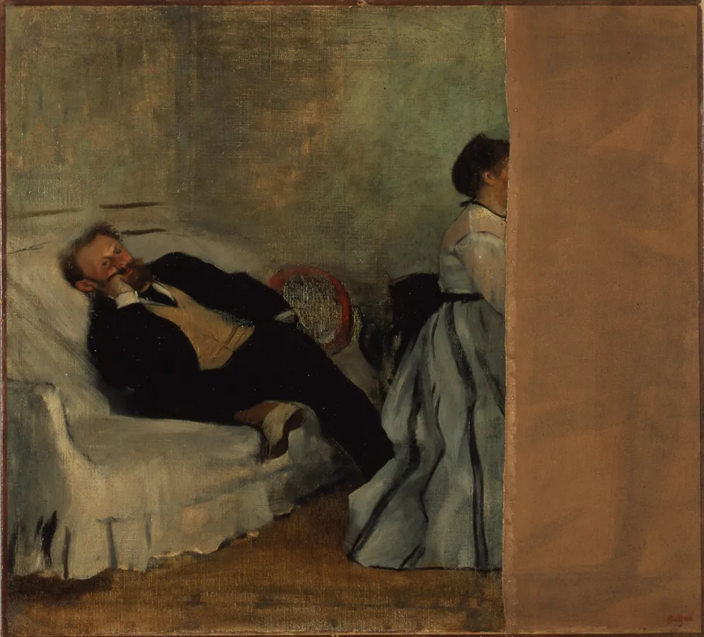 埃德加·德加，《爱德华·马奈夫妇》，1868-69，布面油画，25 5⁄8 × 28".