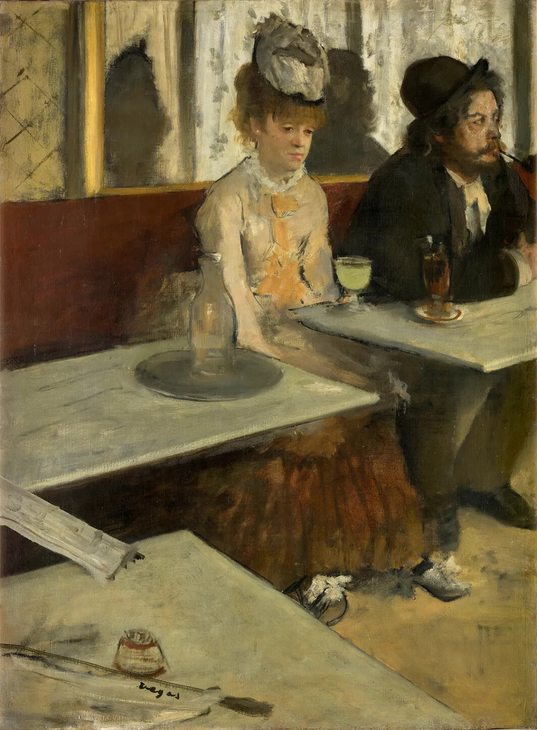 埃德加·德加，《在咖啡馆（喝苦艾酒的人）》，1875-76，布面油画，36 1⁄4 × 27″.