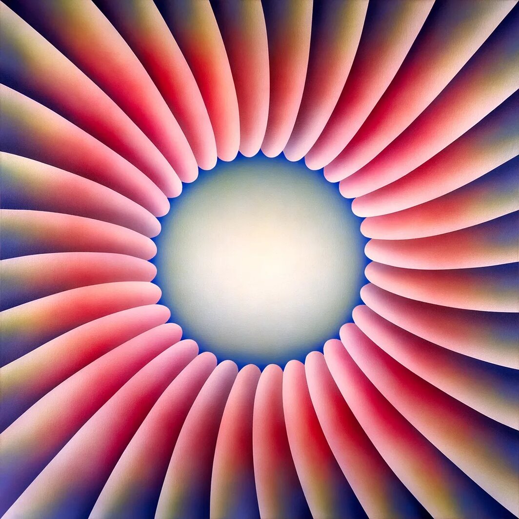 朱迪·芝加哥，《穿越花朵》，1973，布面喷涂丙烯，60 × 60″. © Judy Chicago/Artist Rights Society (ARS).