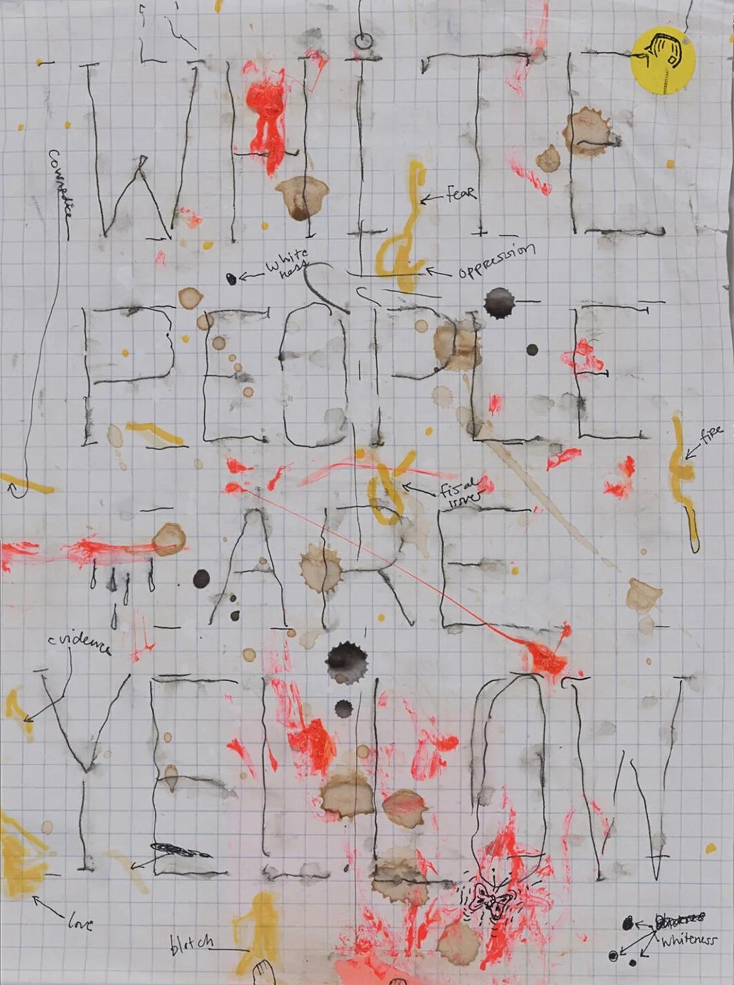 Pope. L，《白人是黄色的》，2004，方格纸上墨水、丙烯和混合材料，10 3⁄4 × 8 1⁄2″.来自“皮肤集”系列，1997-2023. © Pope.L. 