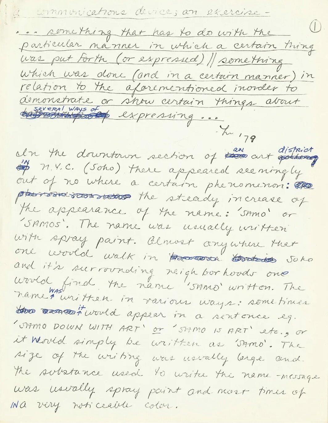 Pope. L，《一个沟通设备；一次练习……与提出（或表达）某一事物的特定方式有关的事物 // 与以上述相关的（某种方式）所做的行为，以证明或表明关于这两种表达方式的某些东西……》，1979-2018，2018年用笔手工编辑的照片副本的喷墨打印文件，四页，每页12 × 9″. © Pope.L.