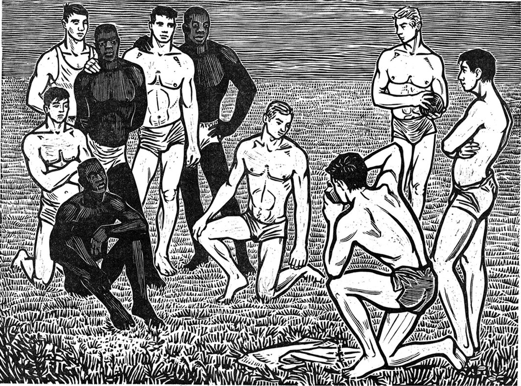 尤尔根·维特多夫，《友情照》（Freundschaftsfoto），1964，油毡版画，26 × 36 5⁄8″.