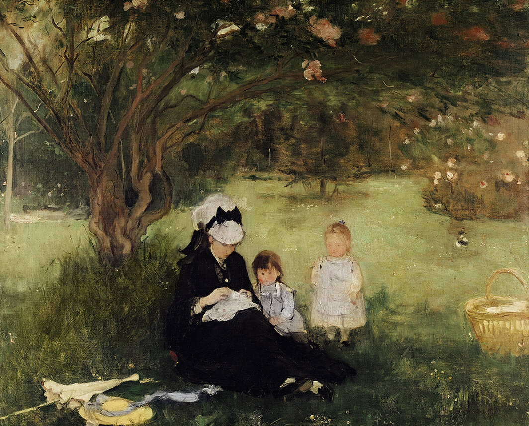贝尔特·莫里索，《在莫勒库尔的丁香花下》，1874，布面油画，19 3⁄4 × 24″.