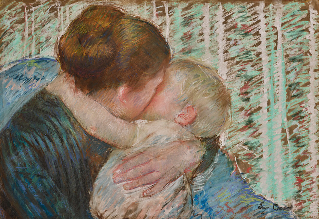 玛丽·卡萨特，《母与子（晚安拥抱）》，1880，纸本粉彩，16 1⁄2 × 24″.
