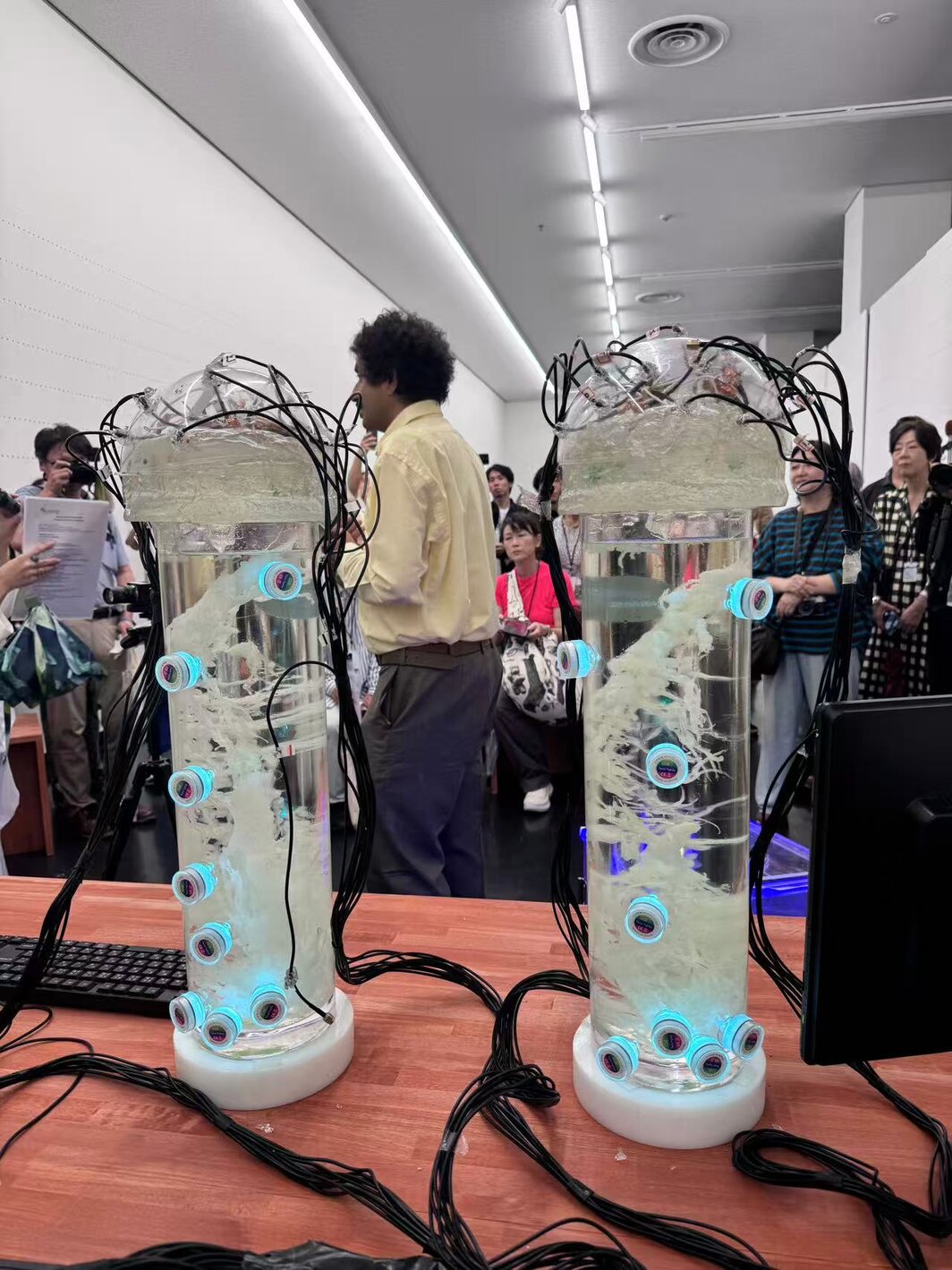 日本国立材料科学研究所首席研究科学家Anirban Bandyopadhyay和他的参展作品《SOMU》.