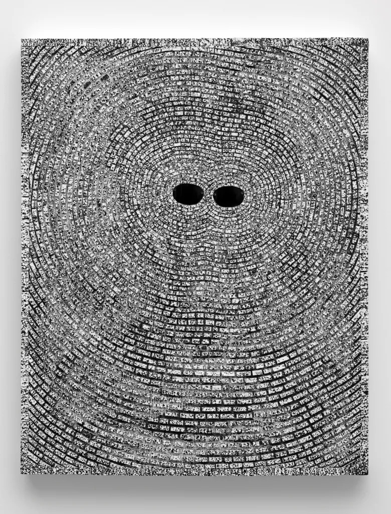 杰克·惠滕，《自画像：调律》，2008，布面丙烯和太阳眼镜镜片，29 1/8 × 23 英寸. 