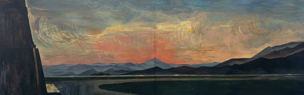 肖江，《黄昏》，2025，粗麻布油彩，200 x 600 cm. 图片由艺术家和Karma提供.