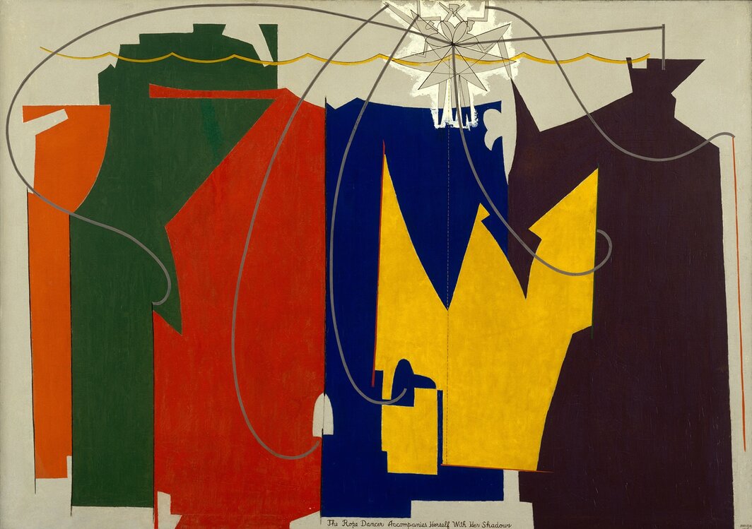 曼·雷，《钢丝舞者与她的身影相伴》，1916，布面油画，52 × 733⁄8″.© Man Ray 2015 Trust Artists Rights Society (ARS), NY/ADAGP, Paris.