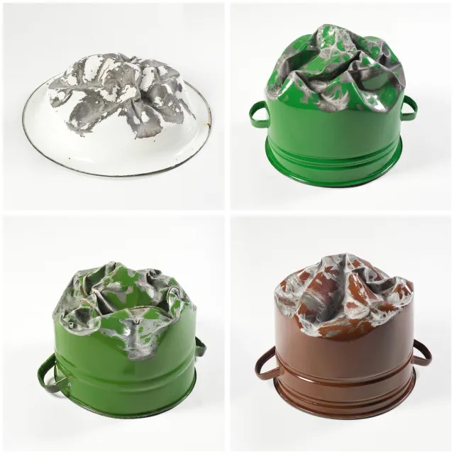 叶尔博森·梅尔迪别科夫，《兴都库什山的四季——春，夏，秋，冬》，2009-2011，金属、搪瓷，顺时针方向，自左上起：6 1⁄4 × 19 7⁄8 × 19 7⁄8英寸，15 3⁄8 × 12 5⁄8 × 12 3⁄8英寸，15 1⁄2 × 12 3⁄8 × 12 3⁄8英寸，7 7⁄8 × 13 3⁄4 × 11 3⁄8英寸.