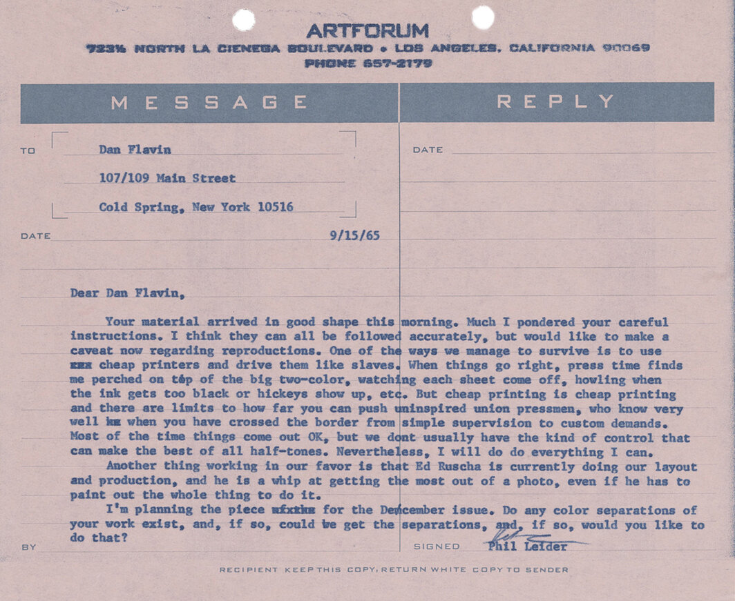 菲利普·莱德致丹·弗莱文（Dan Flavin）的电报，1965年9月15日.