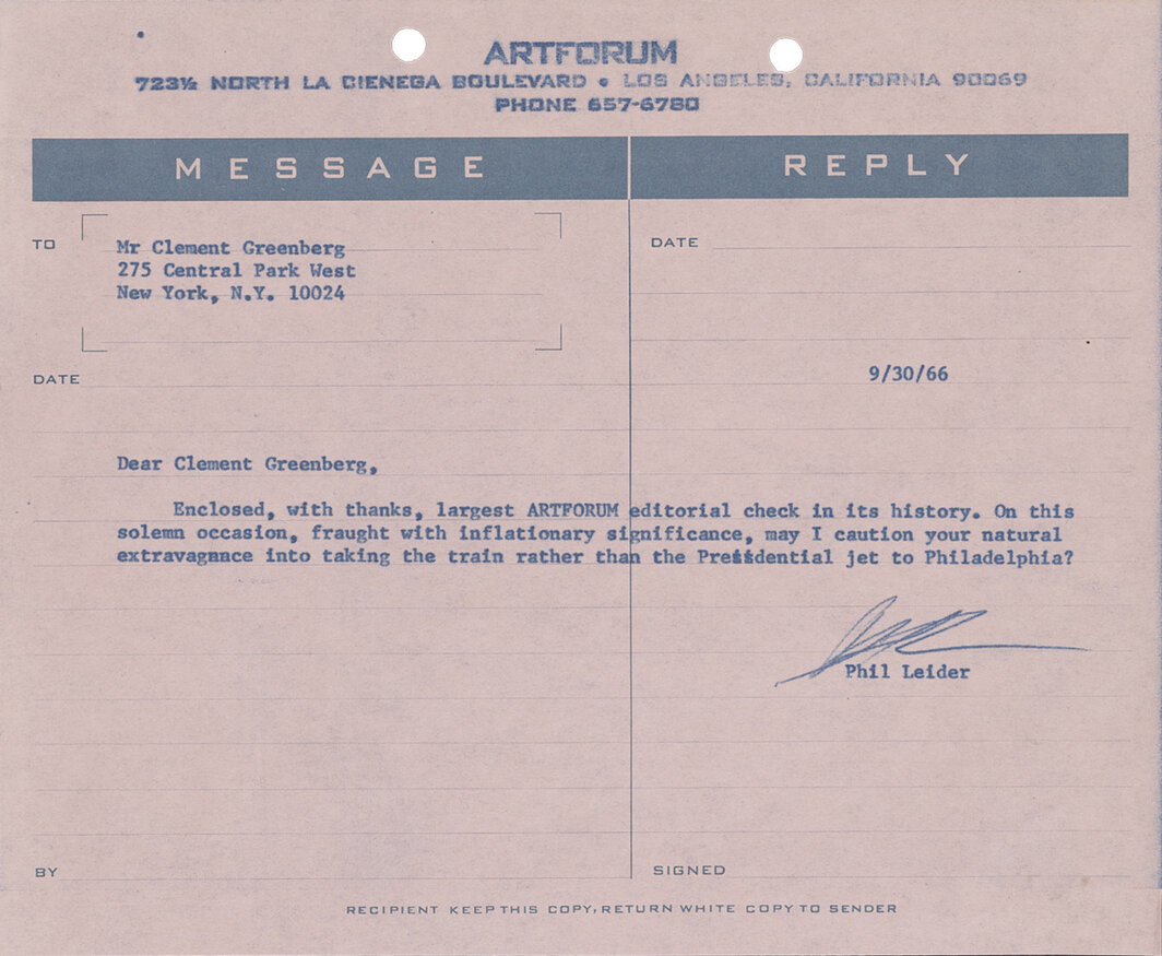 菲利普·莱德致克莱门特·格林伯格的电报，1966年9月30日.