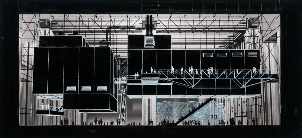 塞德里克·普赖斯，《欢乐宫：内部视角》，1964，黑白墨水绘于照相转印纸上，4 3⁄8 × 9 1⁄2英寸. 图片提供：Cedric Price fonds/Canadian Centre for Architecture/© CCA.