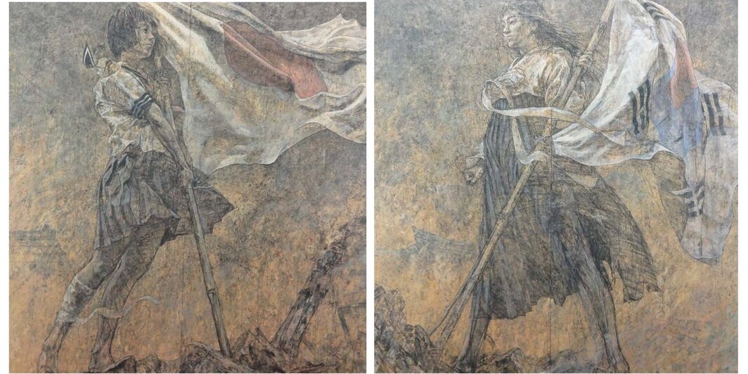 会田诚，《美丽的旗帜（战争画RETURNS）》，1995，二曲一双屏风，单扇尺寸169 ×169 cm.