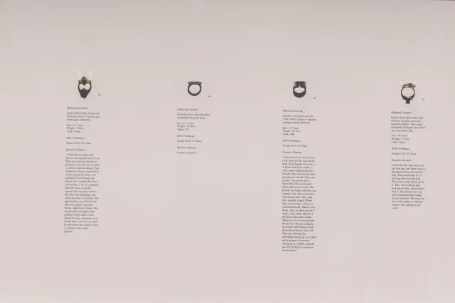 罗斯·萨兰，《人物61–91》（Person 61–91，出自《全景94》），2019，丝网印刷、现成戒指. 威尼斯军械库展览现场，第61届威尼斯双年展. 摄影：Marco Zorzanello. 
