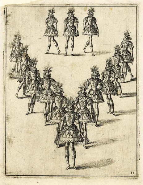 丹尼尔·拉贝尔，芭蕾舞剧《雷诺的解救》的编舞，第11版，1617，蚀刻版画，6 5/8 × 5 1/8英寸. 